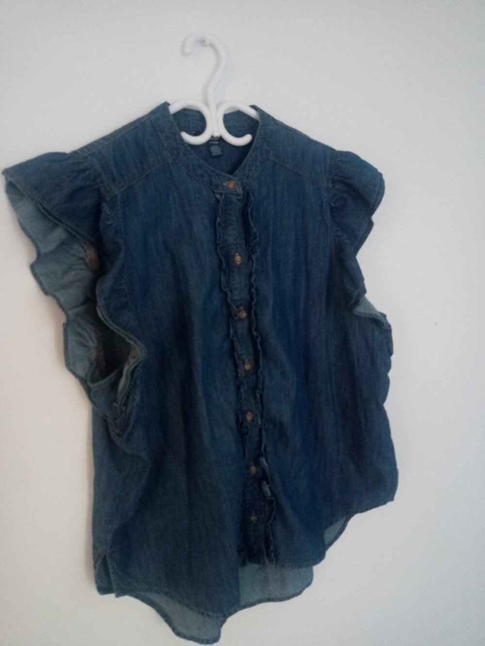 Chaps Denim Ruffle Sleeveless Blouse XL | Chambray Button Front Top